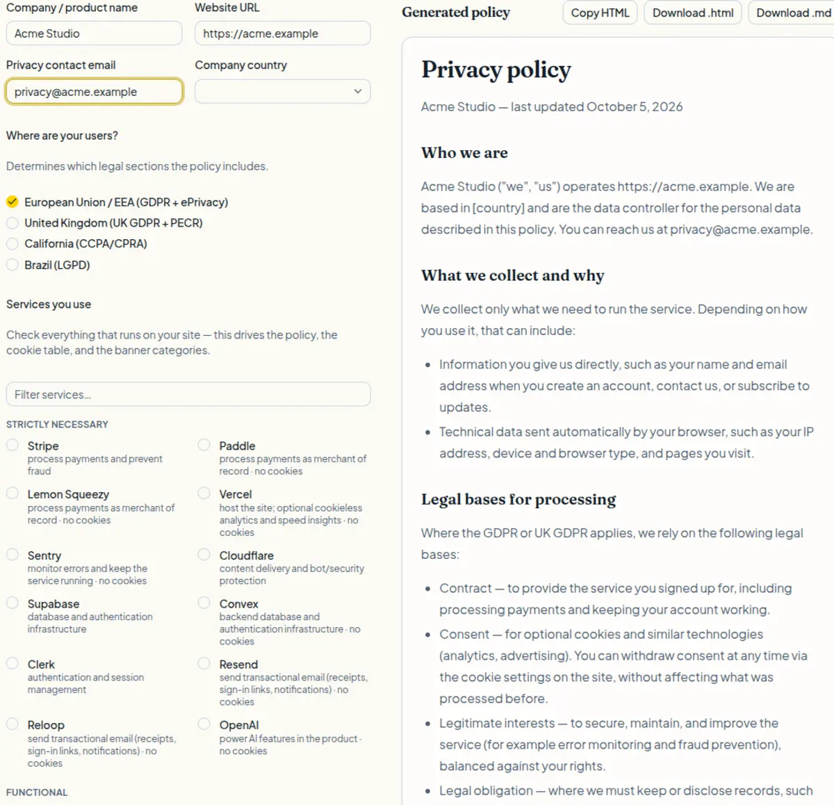 FXF consent generator showing real service controls beside the generated privacy policy