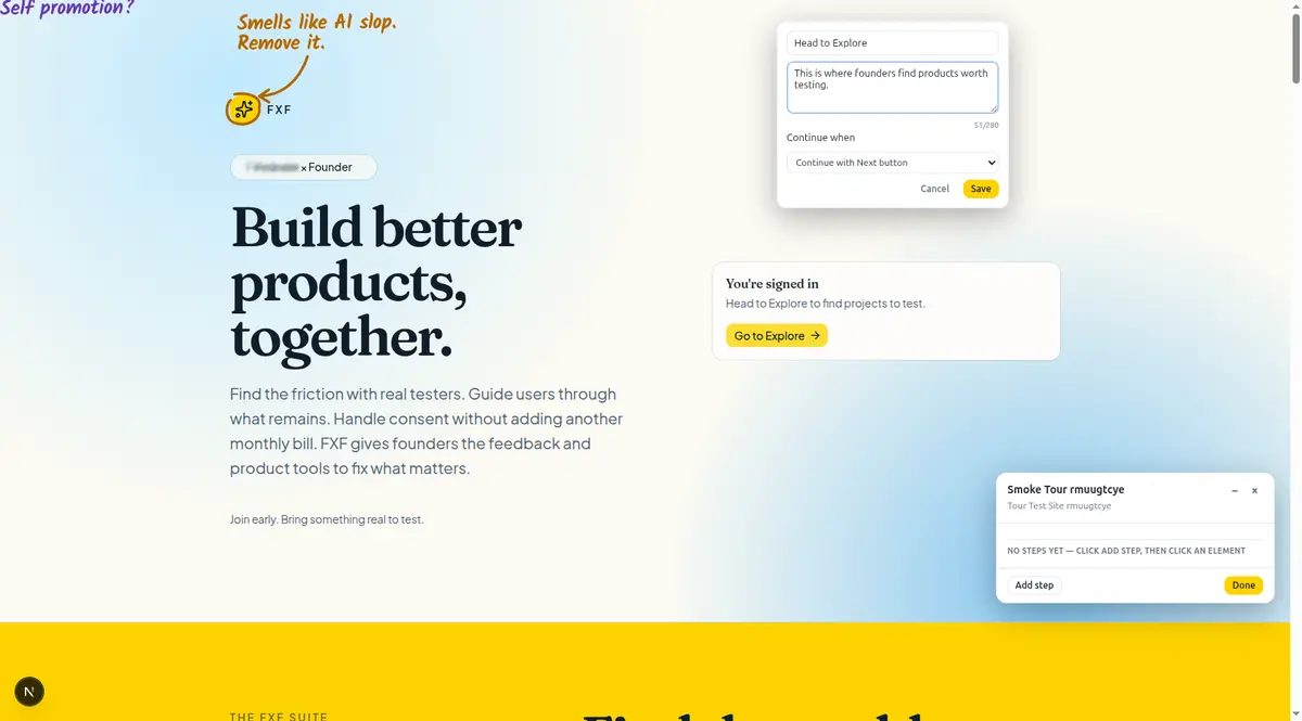 FXF tour builder open on a live product with a step composer and builder panel